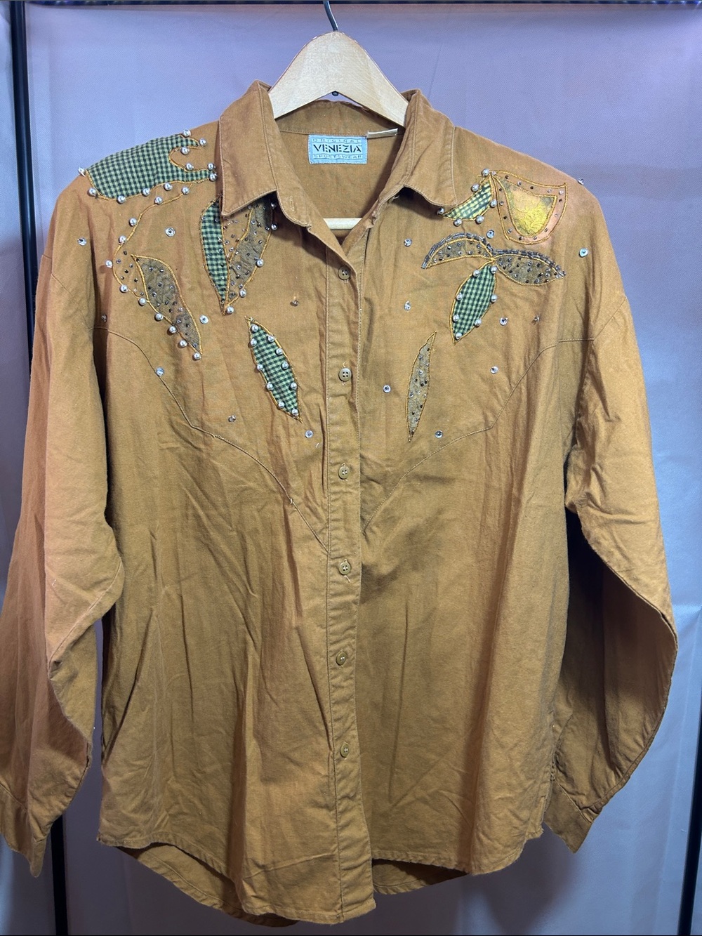 Venezia Mustard Button-Down Shirt with Beaded Leaf Appliqués